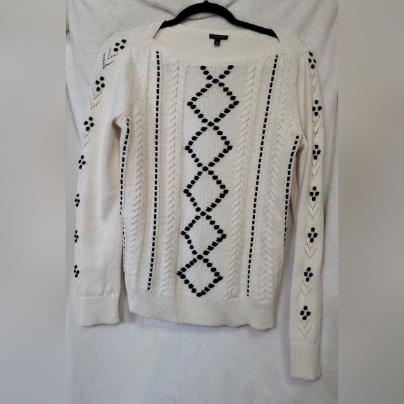 TALBOTS Women's M Velvet Ribbon Sweater Cream Cable Knit Black Ribbon Sweater - Picture 2 of 6